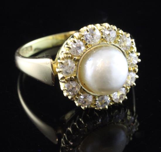 An 18ct gold, diamond and cultured pearl cluster ring, size P.